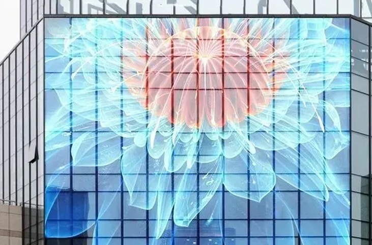 Transparent LED display for shop window and glass wall, image shows a blossom flower