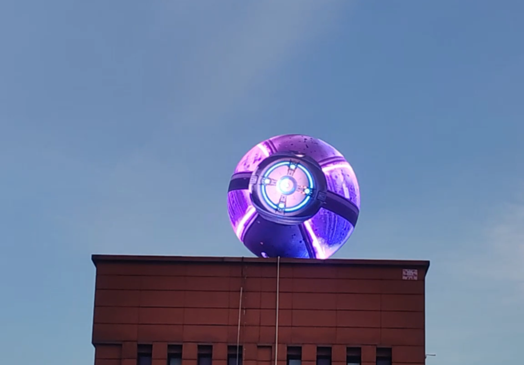 TOOSEN outdoor LED sphere displaying soccer ball pattern — 7,680Hz refresh rate ensures flicker-free broadcast capture