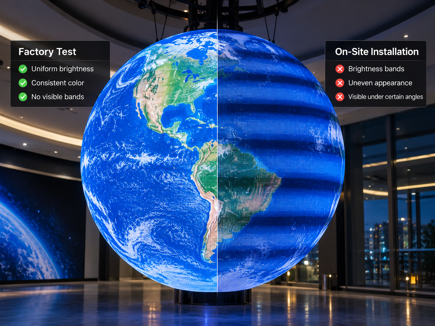 Why a Spherical LED Display Can Look Perfect in the Factory but Show Brightness Bands On Site