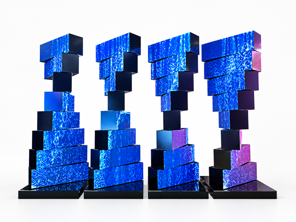 Mechanical rotating LED display with four modular LED towers showing blue visual effects